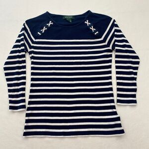 Lauren Ralph Lauren Top Blue White Striped Nautical Preppy Womens Petite Medium